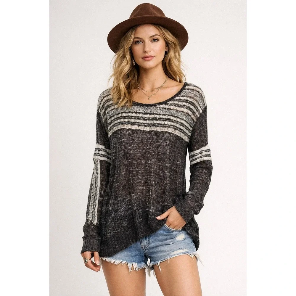 Free People Charcoal Grey Striped Open Knit Boho Sweater Medium